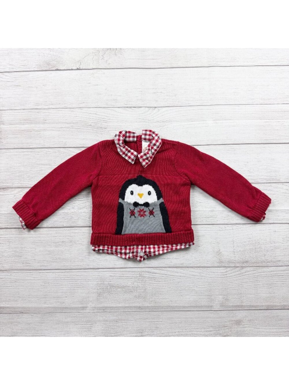 Wonder Nation Baby Red Penguin Sweater Gingham Collar 12-18 Months